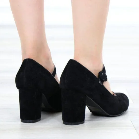 Black Mary Jane Shoes Faux Suede Buckle Strap Chunky Block Heel - Picture 11 of 13